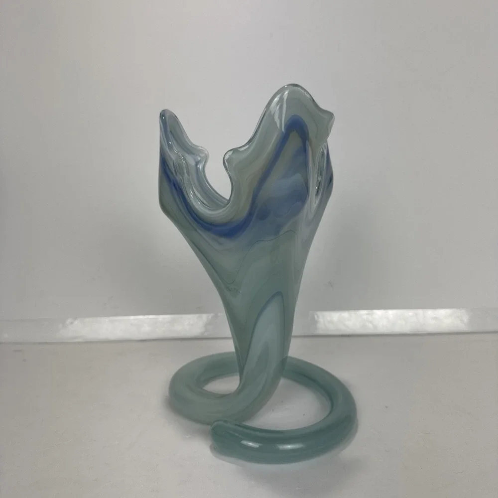 VTG Y2K Hand Blown Art Glass Swirl Vase OS Blue Green Ruffled Spiral